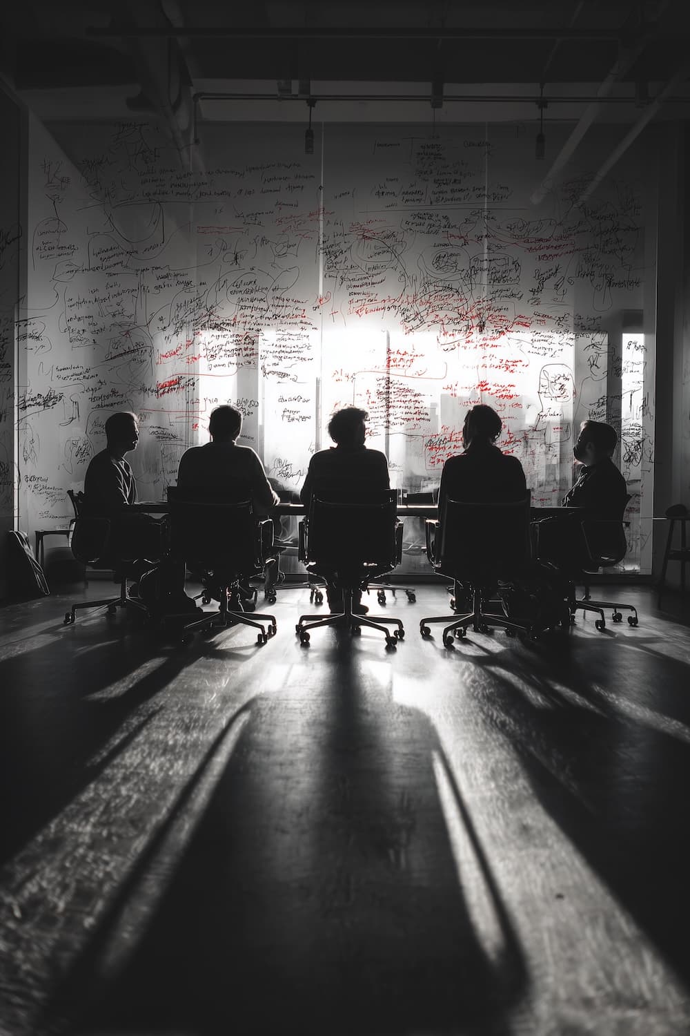 Strategy session — makers at work, whiteboards covered in red marks