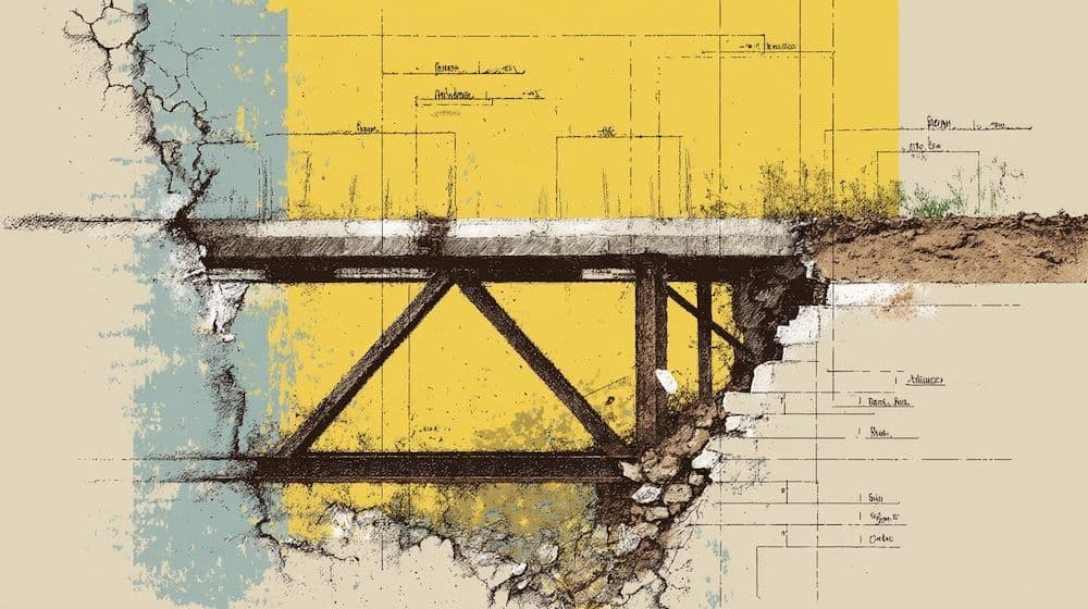 A sketch of a metal bridge dead ends into an architectural blueprint, the foundation brick cracking.