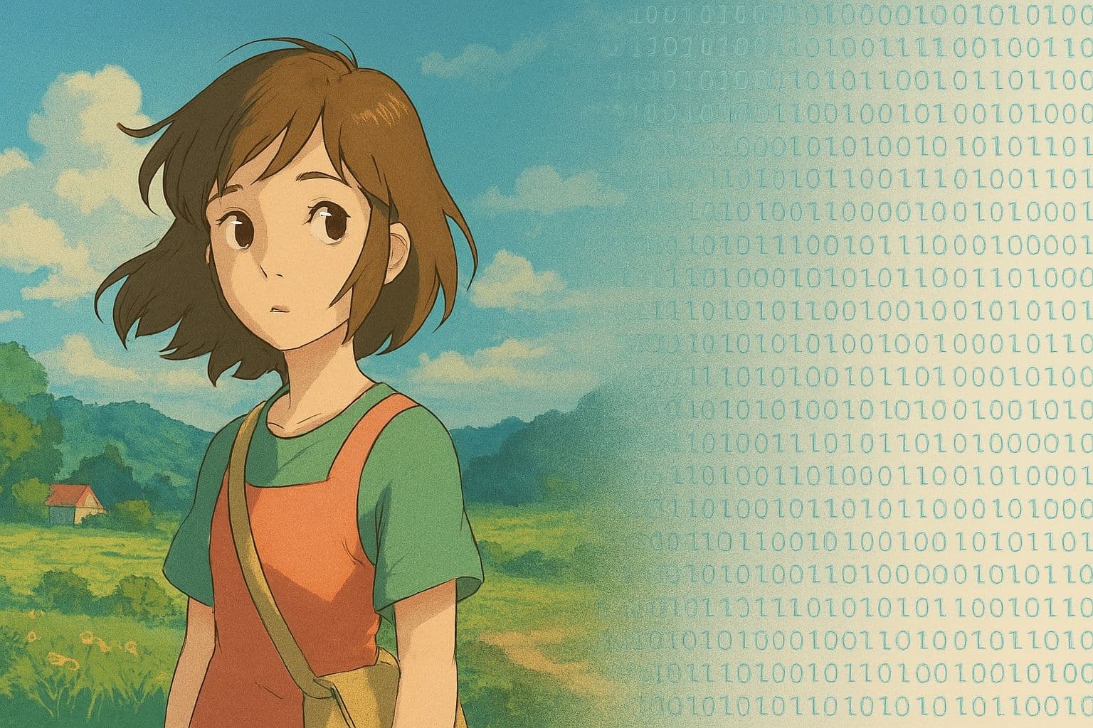 Ghibli-style anime girl in a countryside scene, with the right half overlaid by binary code.